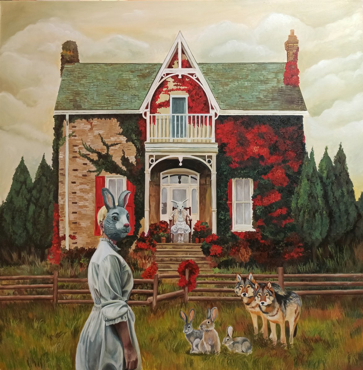 Surrealistic Portrait Oil Painting By Laura Muolo, 31 X 31", The Game Of The Hare, Original Artwork