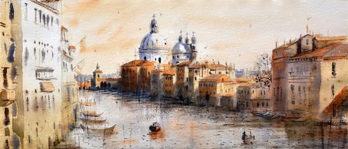 Warm light above Grand canal of Venice Italy 23x54cm 2020 by Nenad Kojić watercolorist