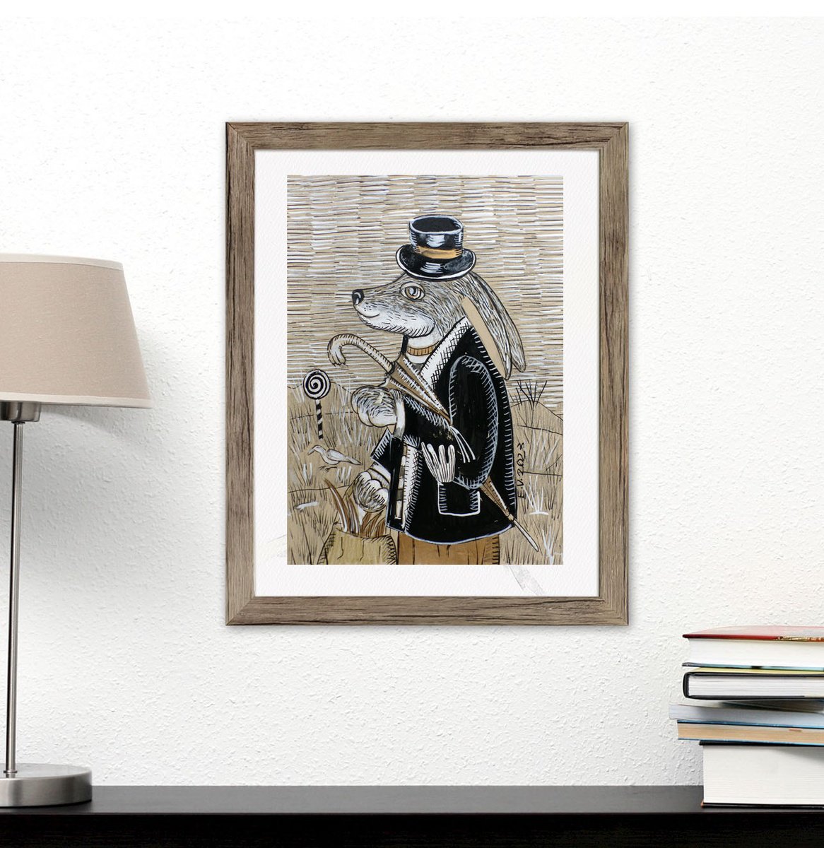 Naive Animal Painting By Elizabeth Vlasova, 9 X 12, After Shopping, Original Artwork