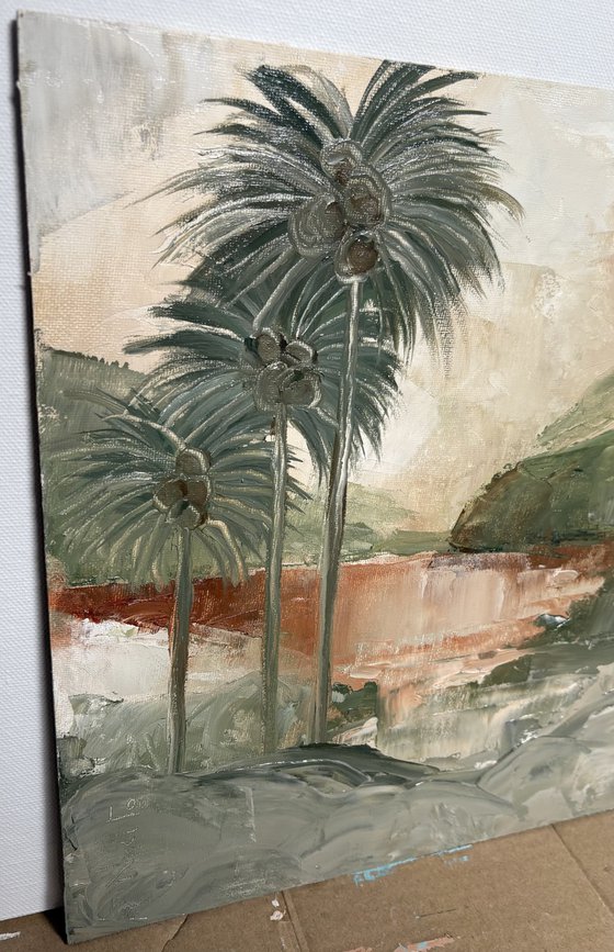 Tropical Reverie Palm Trees, Hills, Water