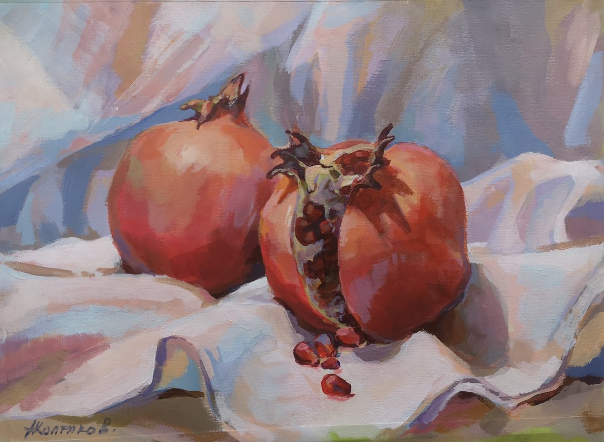 Impressionistic Still Life Acrylic Painting By Alexander Koltakov, 13 X 9, Pomegranates, Original Artwork