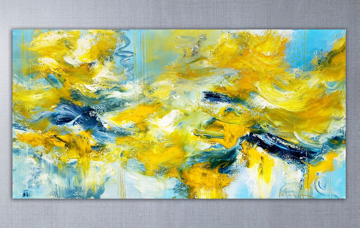 Abstract Acrylic Painting By Andrada Anghel, 60 X 30, The Golden Volcano, Original Artwork