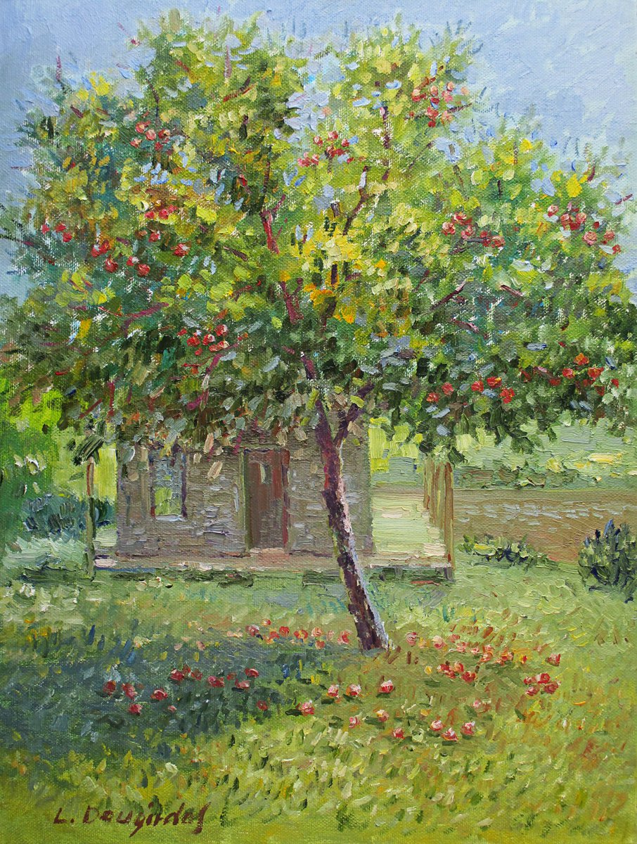 Impressionistic Landscape Oil Painting By Liudvikas Daugirdas, 24 X 31", The Apple Tree With Fruit, Original Artwork