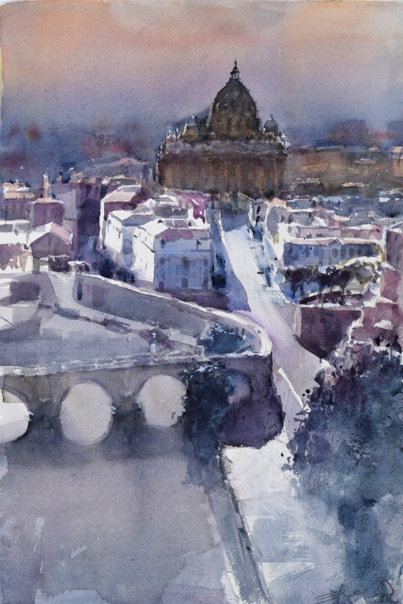 Impressionistic Cityscapes Watercolour By Goran Zigolic Watercolors, 15 X 22, View On Rome, Original Artwork