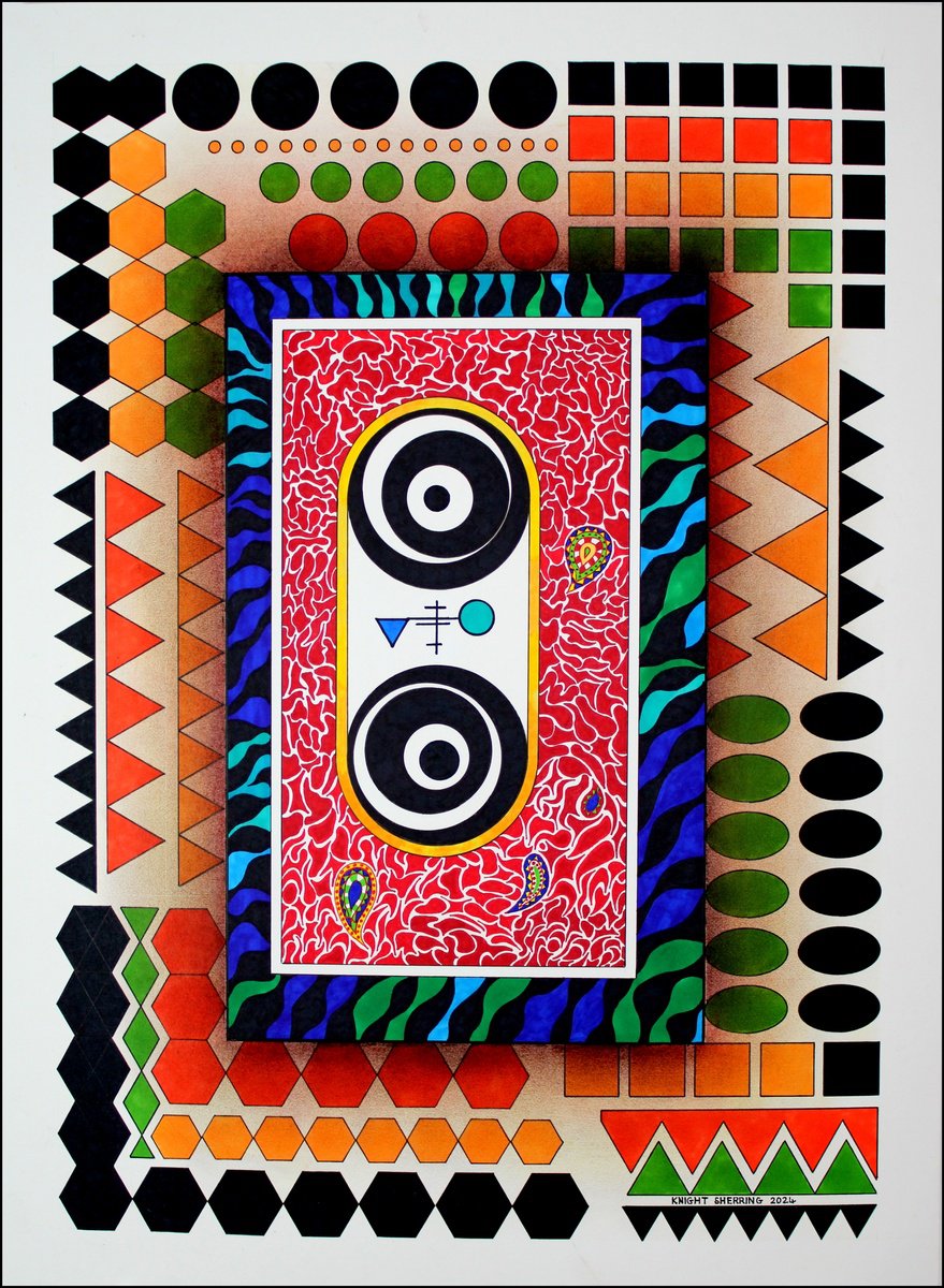 Geometric Abstract Ink Drawing By Knight Sherring, 22 X 30", No Mans Land., Original Artwork