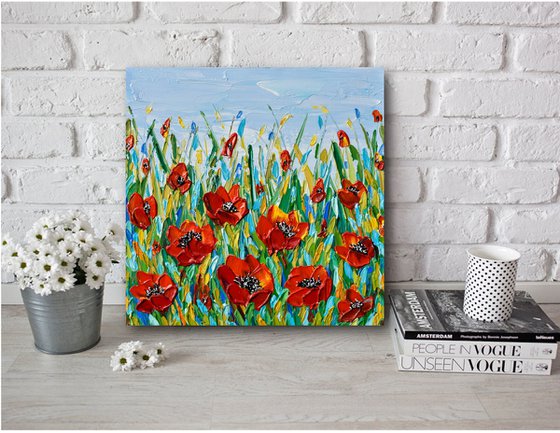 Poppies Meadow- Original Impasto Floral Painting, Palette Knife Textured Wall Art Canvas