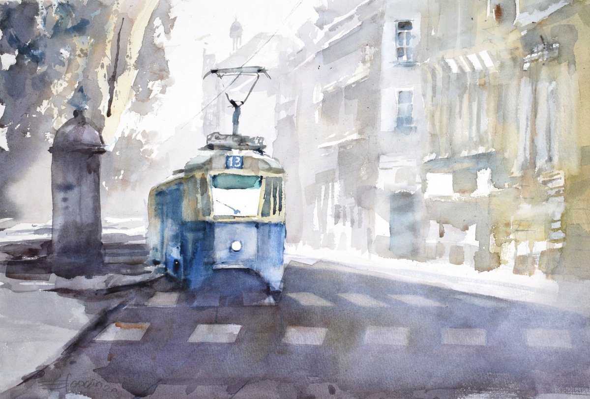 Blue tram 2... by Goran Zigolic Watercolors