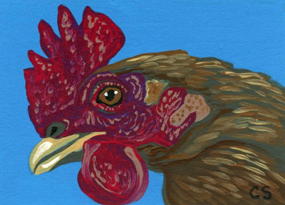 ACEO ATC Original Miniature Painting Brown Chicken Farmyard Art-Carla Smale