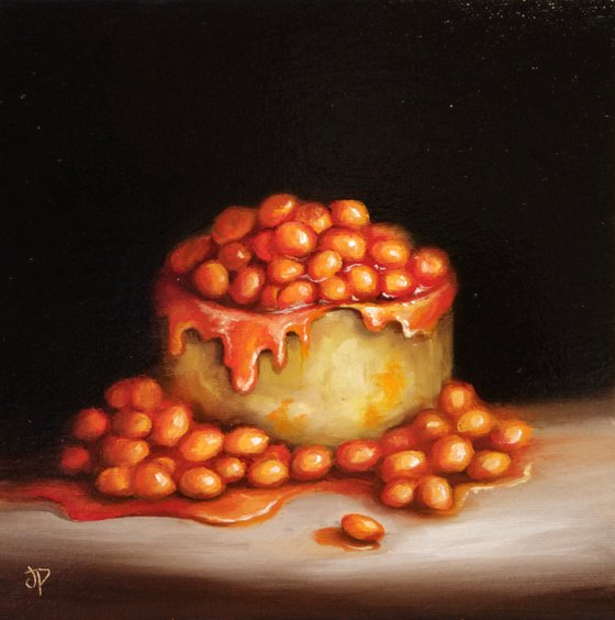 Scotch pie with beans on top still life