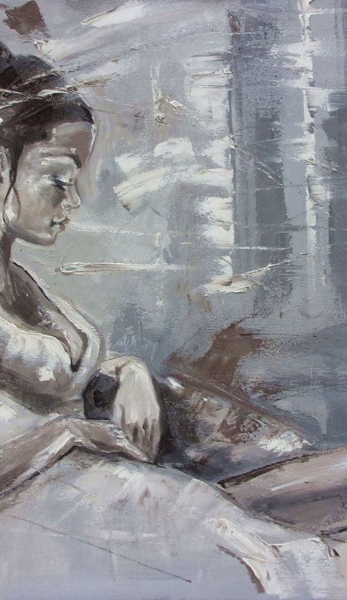 " WAITING FOR YOU ... " - 50x70cm original oil painting on canvas, gift, palette kniffe by Monika Luniak