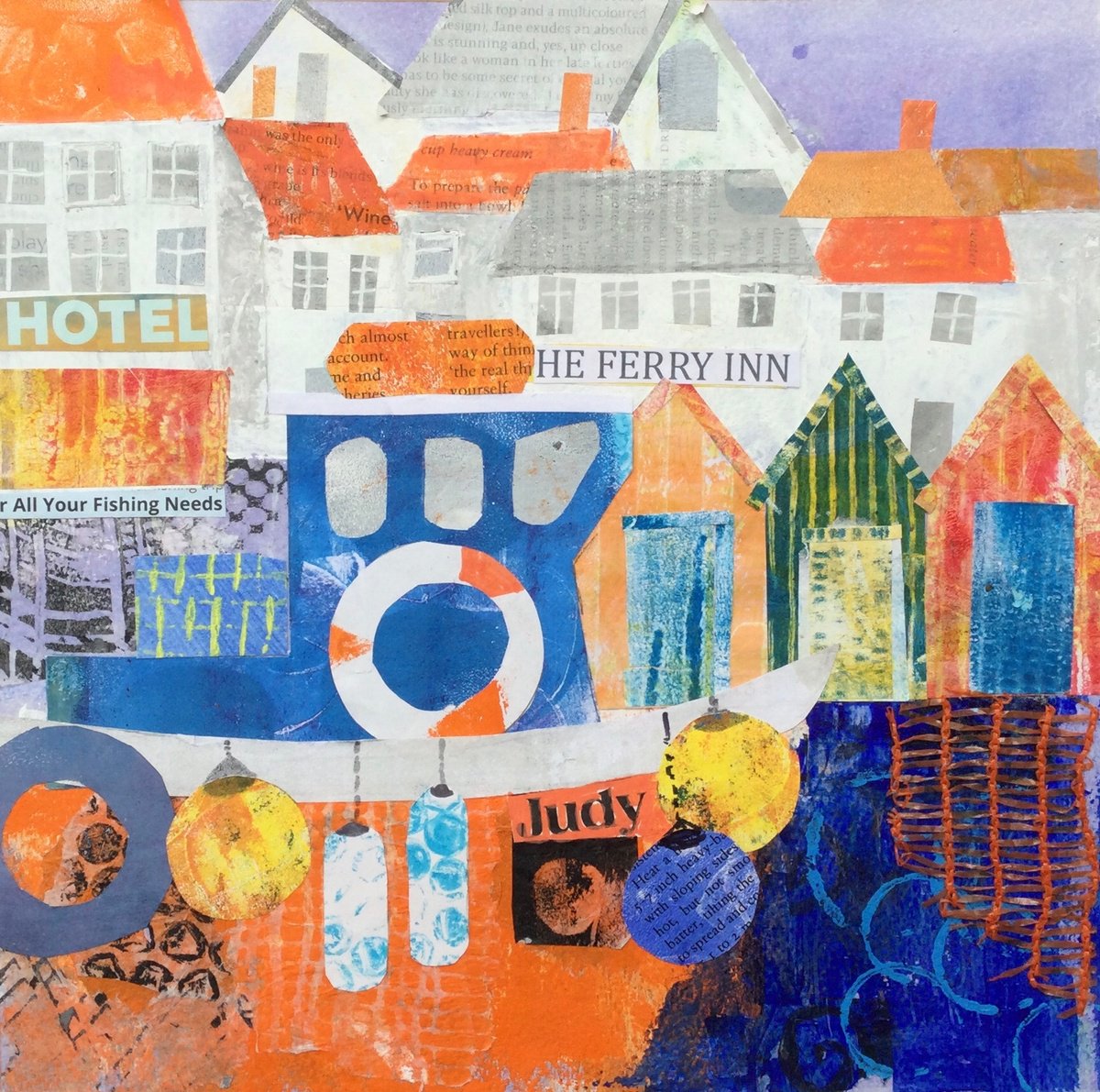 Landscape Collage By Dee Evans, 16 X 16, Ferry Inn, Original Artwork