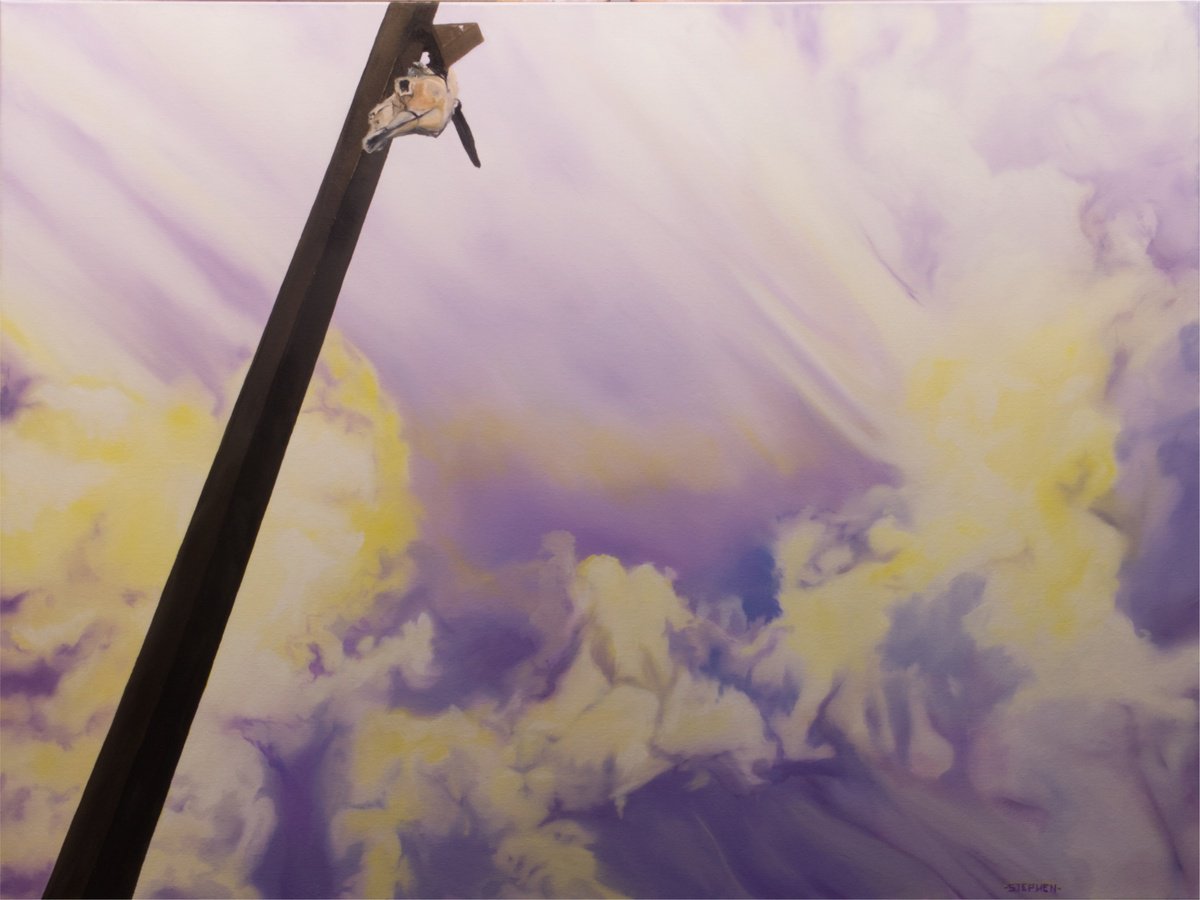 Surrealistic Landscape Oil Painting By Steven M. Curtis, 40 X 30", War In The Heavens, Original Artwork