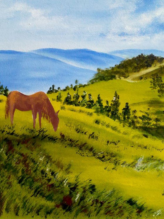 Carpathians Painting Mountains Original Art Ukraine Landscape OIl Artwork Horse Home Wall Art 16 by 12" by Halyna Kirichenko