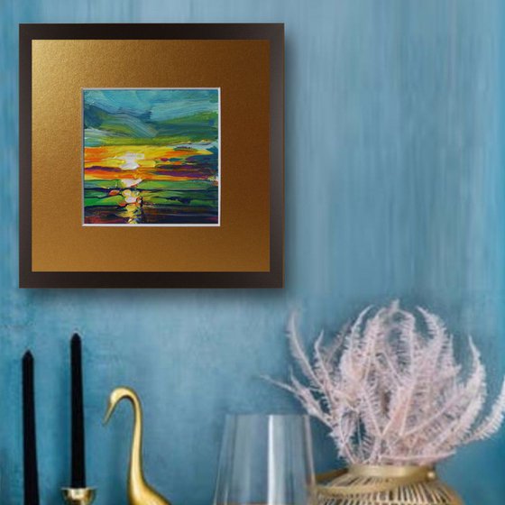 Sunset at Sea, A Happy Day's Eve, Small Painting with Acrylics, Seascape Sundown Artwork, Seawaves Evening Scene on the Beach