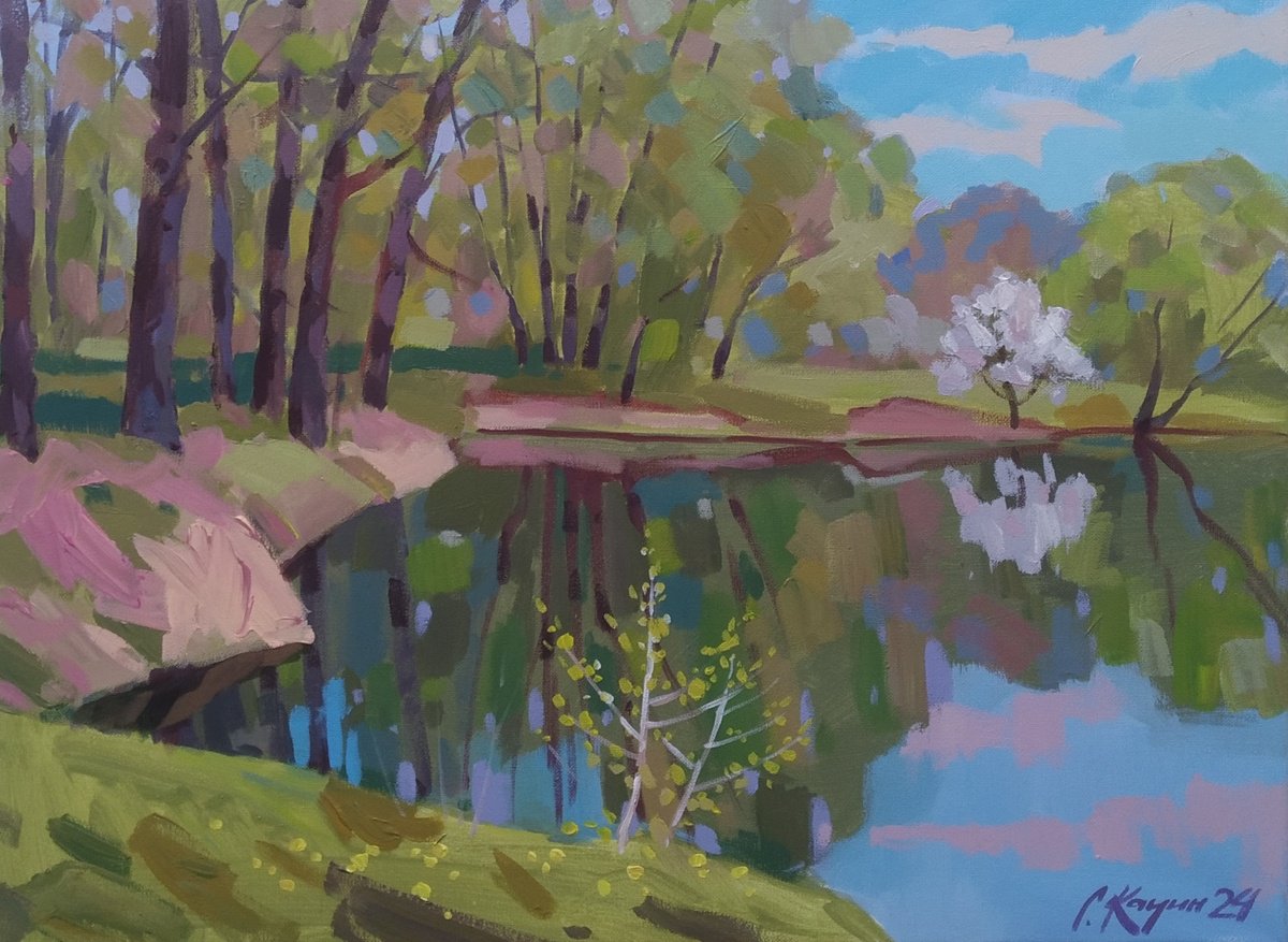 Impressionistic Landscape Acrylic Painting By Sergey Kachin, 24 X 18", Spring, Original Artwork