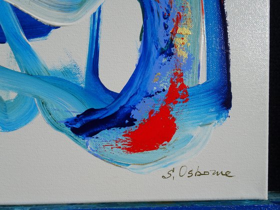 Abstract painting on canvas. On white #3. Blue, ochre, brown, red, gold. Modern art.
