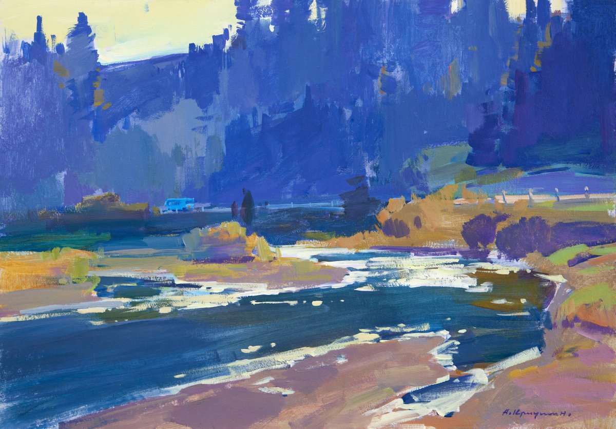 Impressionistic Landscape Acrylic Painting By Aleksandr Kryushyn, 26 X 18, Autumn Noon By The River, Original Artwork