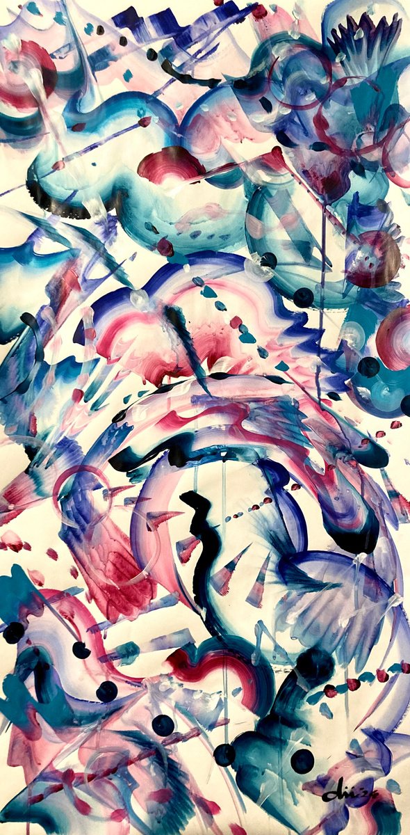 Organic Abstract Acrylic Painting By Daichi Matsusaki, 20 X 39, Color Dance 2-1-24, Original Artwork