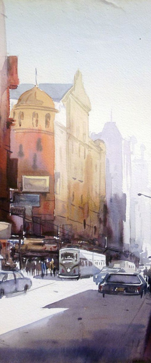 City at Morning-Watercolor on Paper by Samiran Sarkar