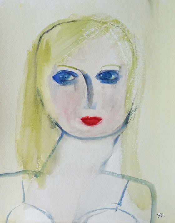FEMALE PORTRAIT GREEN HAIR Sketch Study. Original Female Portrait Watercolour Painting.