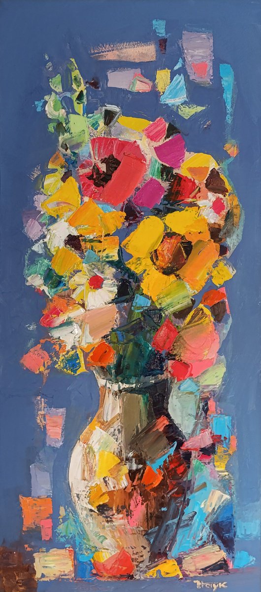 Abstract Botanical Oil Painting By Hayk Miqayelyan, 14 X 31, Vivid Floral Arrangement, Original Artwork