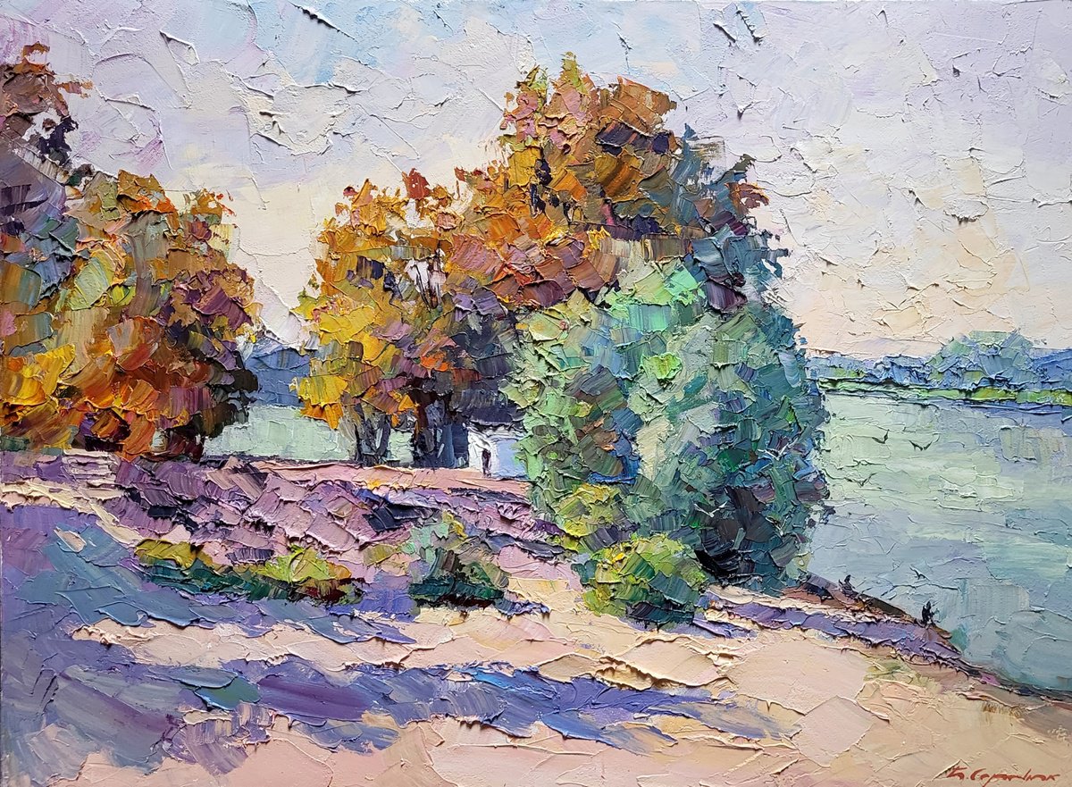 Impressionistic Landscape Oil Painting By Boris Serdyuk, 30 X 22, On The Dnieper, Original Artwork