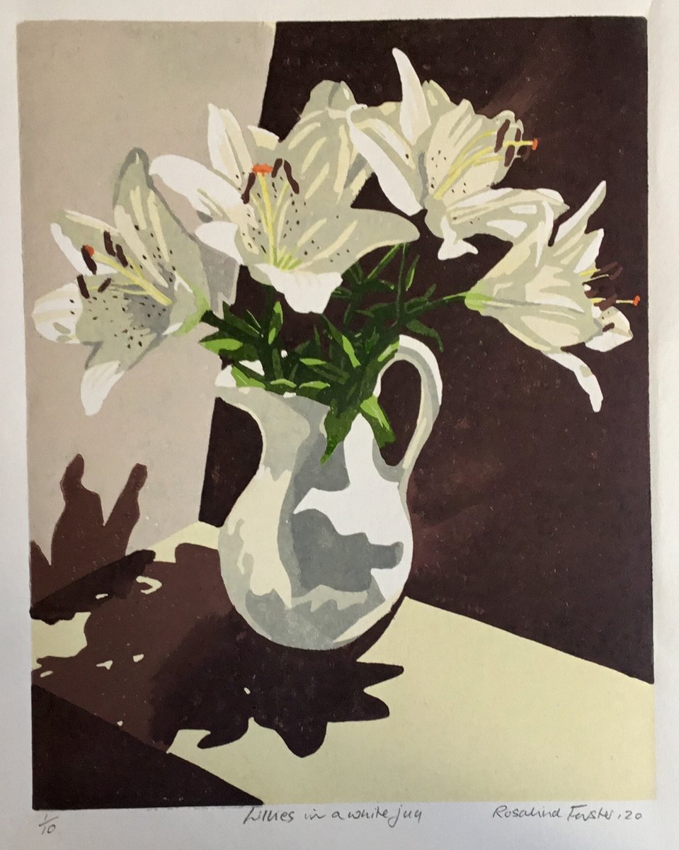 Botanical Linocut By Rosalind Forster, 11 X 14", Lillies In A White Jug, Original Artwork