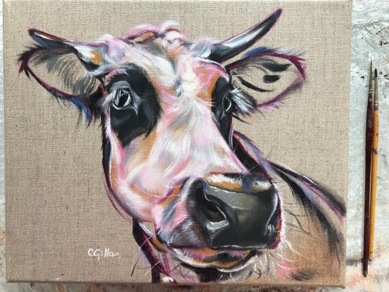 Horace - black & white cow calf heifer black eye patches original oil painting