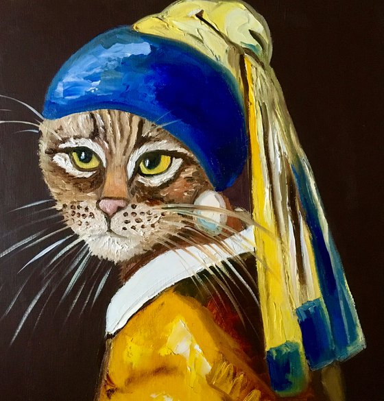 Cat with the pearl earring inspired by Vermeer painting feline art for cat lovers gift idea