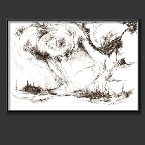 Ink drawing black and white abstraction The storm