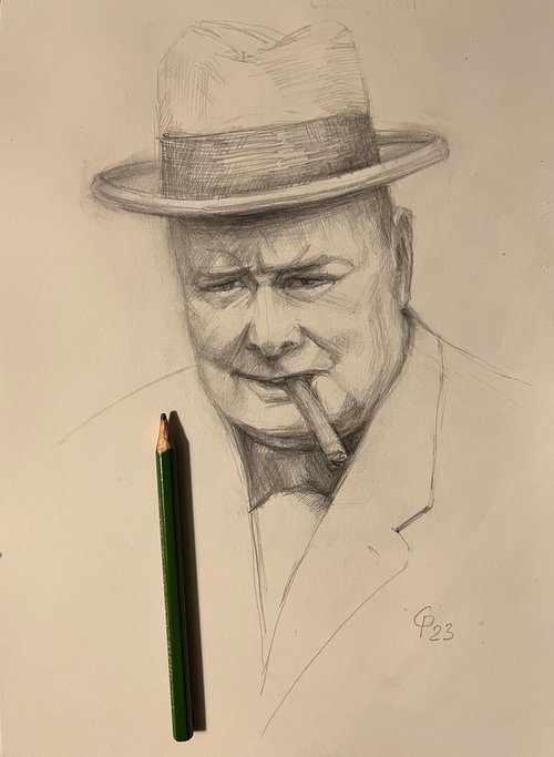 Sir Winston Leonard Spenser Churchill original pencil portrait drawing, Ukrainian artwork by Roman Sergienko
