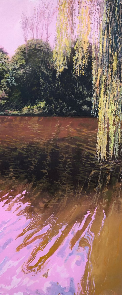 'The Elsham Willow' Large Landscape Oil Painting Summer Trees Lake Reflections by Simon Jones