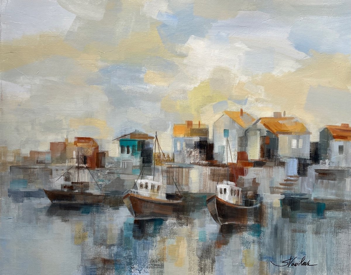 Impressionistic Cityscapes Acrylic Painting By Silvia Vassileva, 30 X 24", Black Sea Harbor, Original Artwork