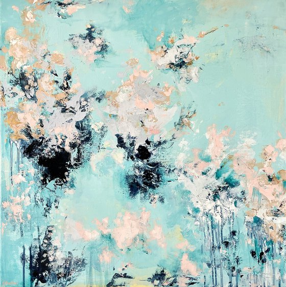 JOYFUL DAY - 70 x70 CM - ASTRACT PAINTING ON CANVAS * BRIGHT GREEN * TURQUOISE * SOFT PINK