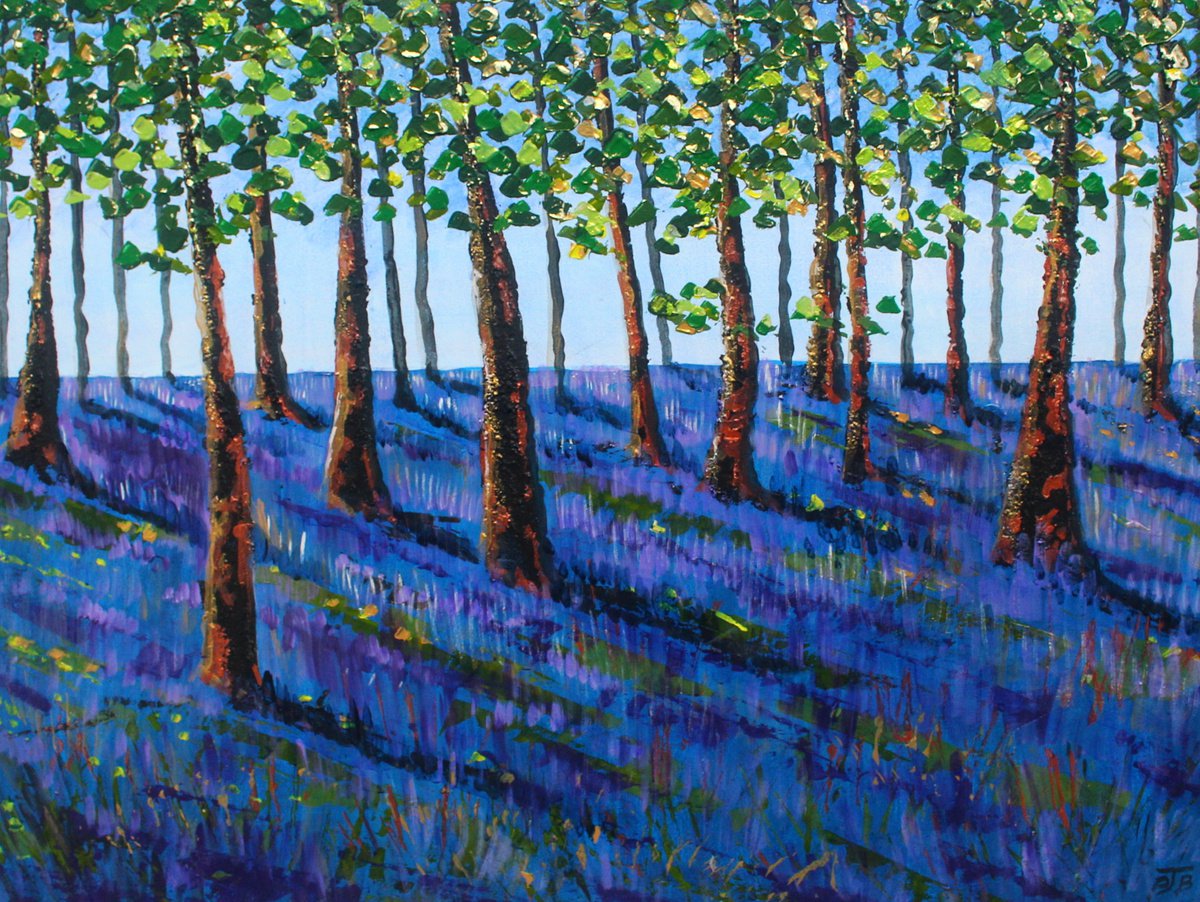 Impressionistic Landscape Acrylic Painting By Paul J Best, 31 X 24", Bluebell Wood Iv, Original Artwork