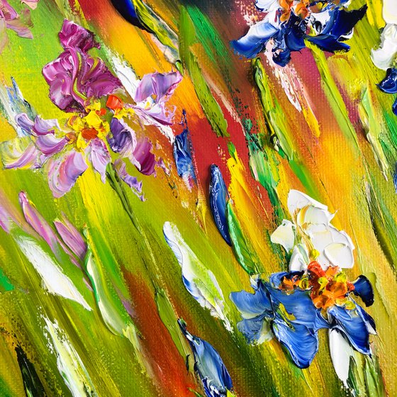 FIELDS OF BRIGHTNESS - Irises. Bright landscape. Rainbow flower. Juicy colors. Flower meadow. Summer warmth. Good mood. 3d.