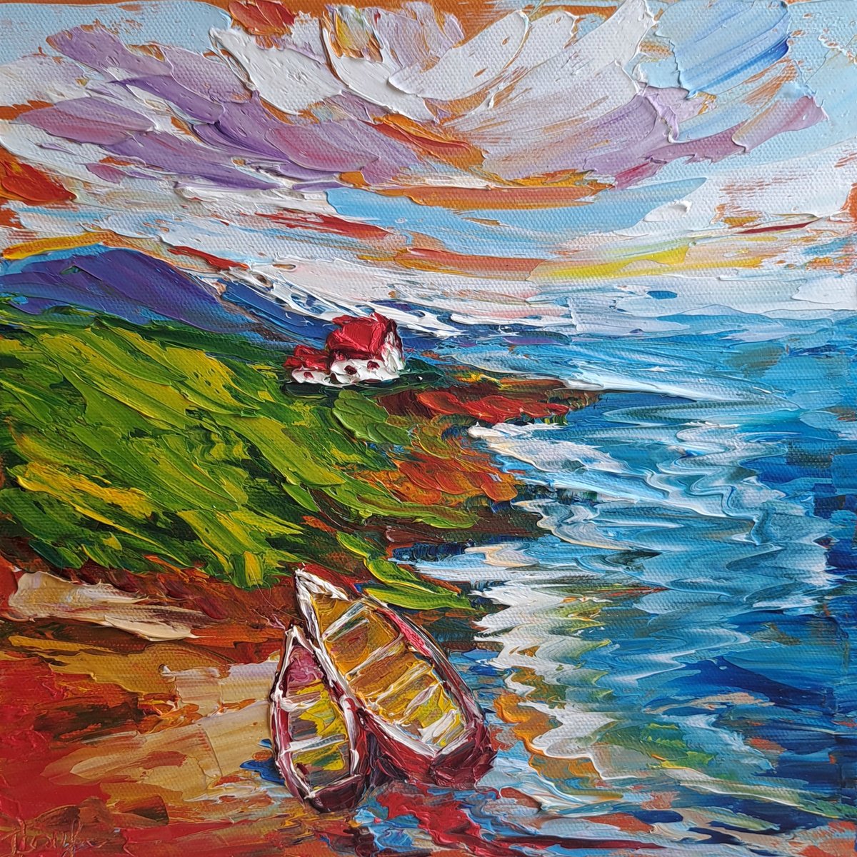 Impressionistic Landscape Oil Painting By Oksana Fedorova, 10 X 10", Coast And Boat, Original Artwork