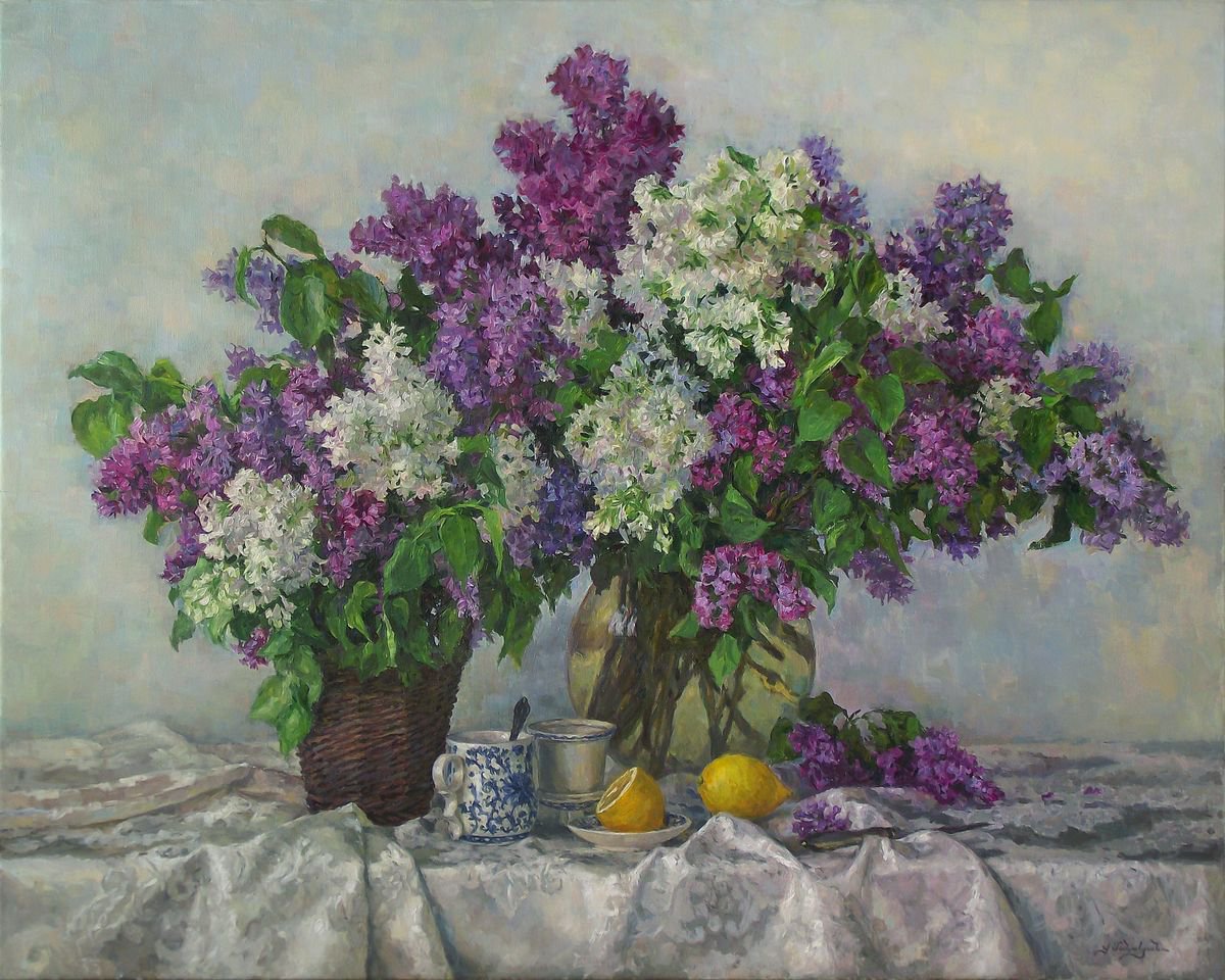 Early 20th Century Oil Painting Flower Still Life with Lilac