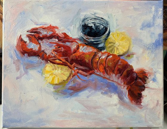 Something for your lunch. Still life with lobster and caviar.