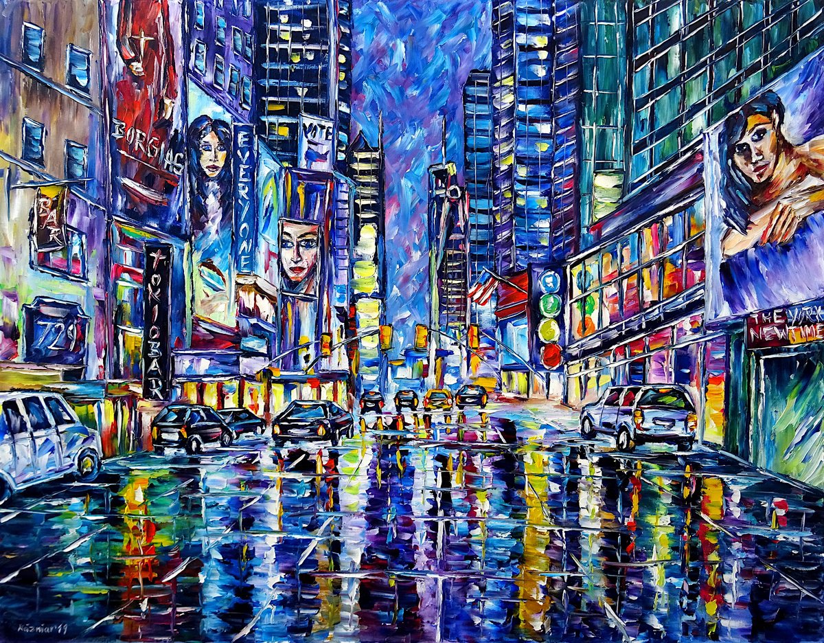 Expressive Cityscapes Oil Painting By Mirek Kuzniar, 35 X 28", Big Apple, Original Artwork