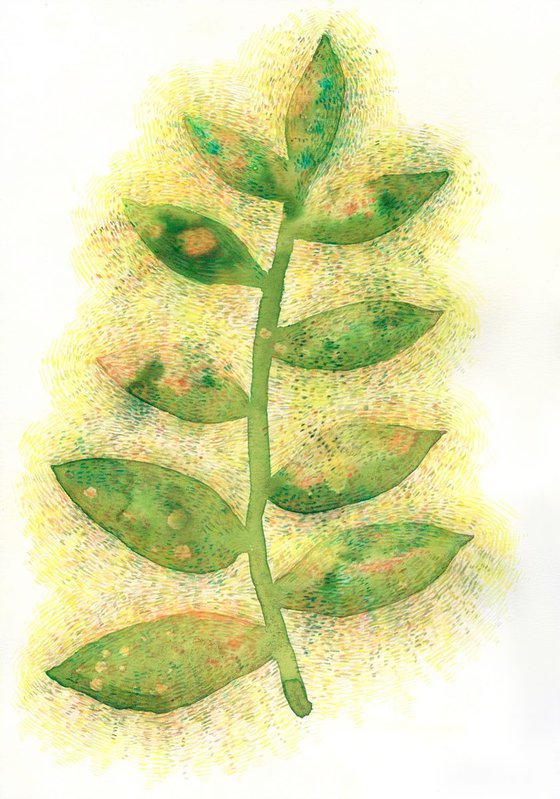 Green leaves colored pencils drawing