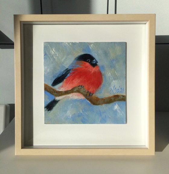 Bird framed oil painting - Bullfinch small canvas - Winter shelf painting - Gift idea for bird lover (2021)