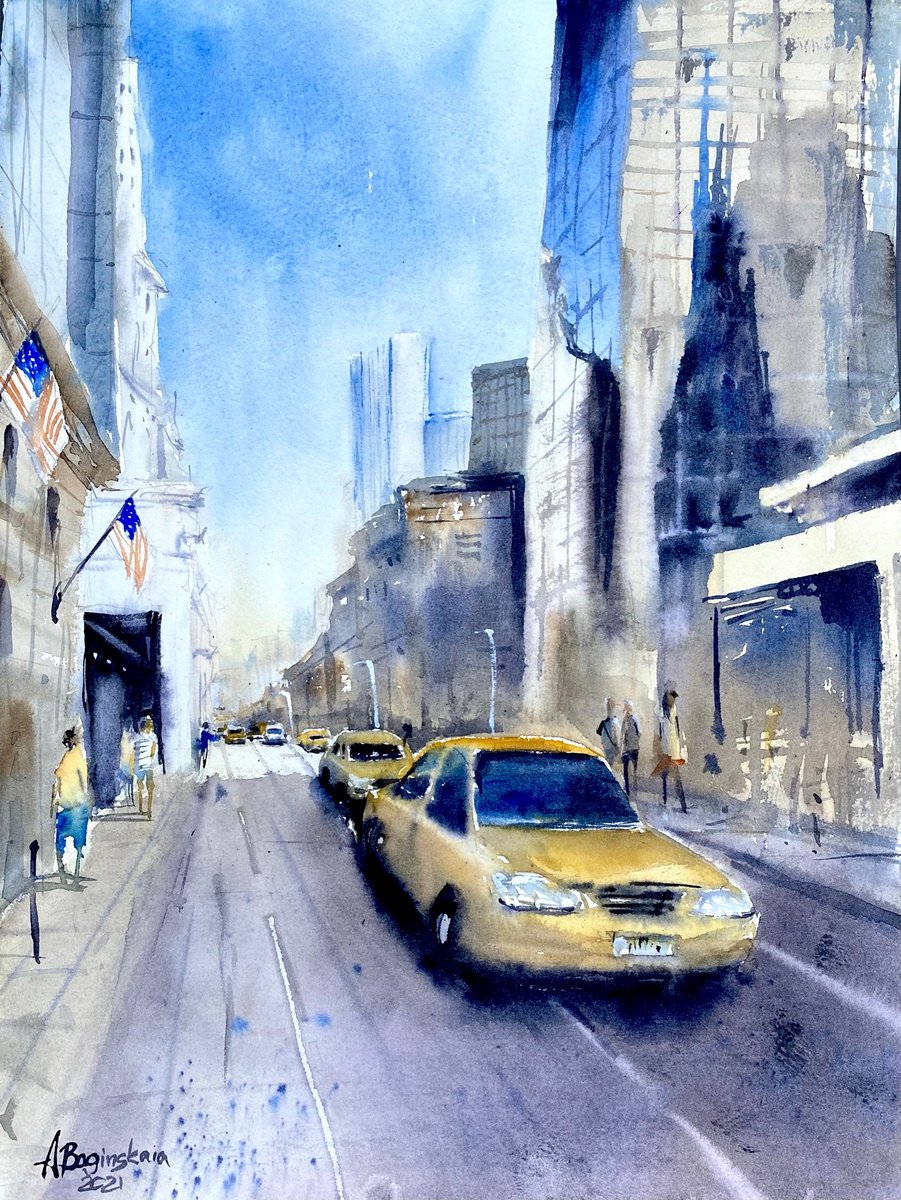 NYC taxi - original watercolor cityscape by Anna Boginskaia