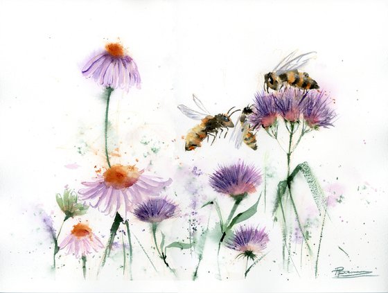Bees Frolicking in Wildflower Paradise  -  Original Watercolor Painting