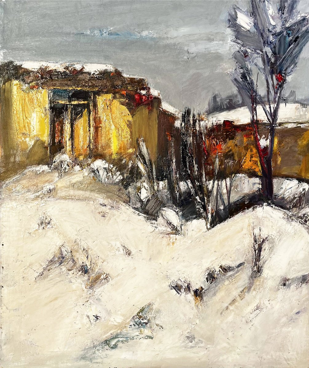 Abstract Landscape Oil Painting By Matevos Sargsyan, 20 X 24", Warmth Beyond The Cold, Original Artwork