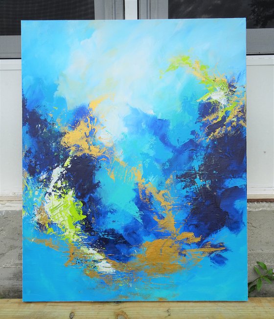 Large Blue and Gold Contemporary Abstract Seascape Painting # 810-61. Textured Landscape