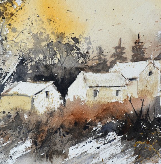 Village in winter-watercolor