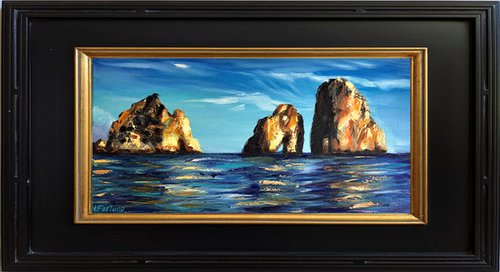 FARAGLIONI ROCKS ON THE HORIZON, Rocky Italian Seascape, Original Textured Impressionist Painting of the Isle of Capri by Nastia Fortune