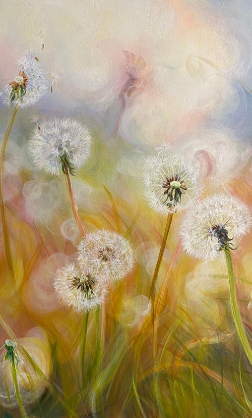 Freedom- dandelion seed painting on canvas by Anita Nowinska