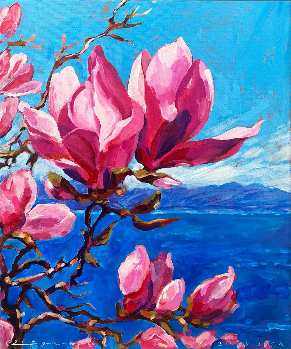 Impressionistic Botanical Acrylic Painting By Olga Gamy, 20 X 24", "Spring Is Here", Original Artwork